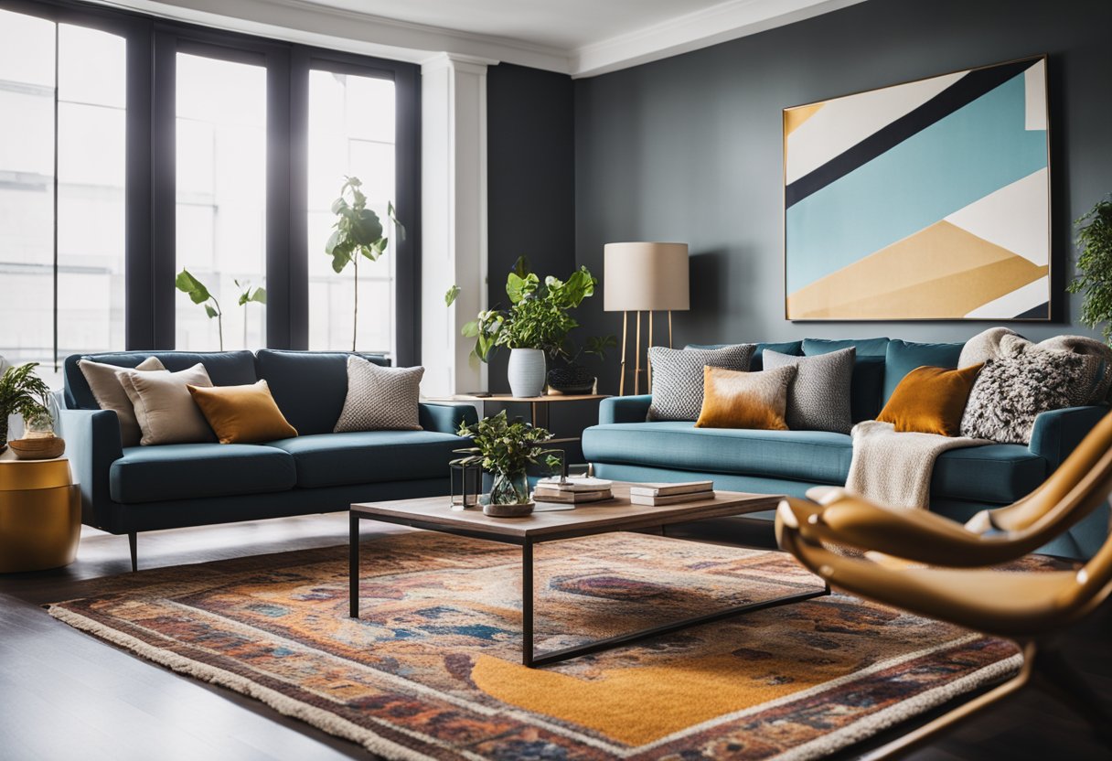 A cozy living room with modern furniture, clean lines, and bold colors. A statement rug and abstract art add personality