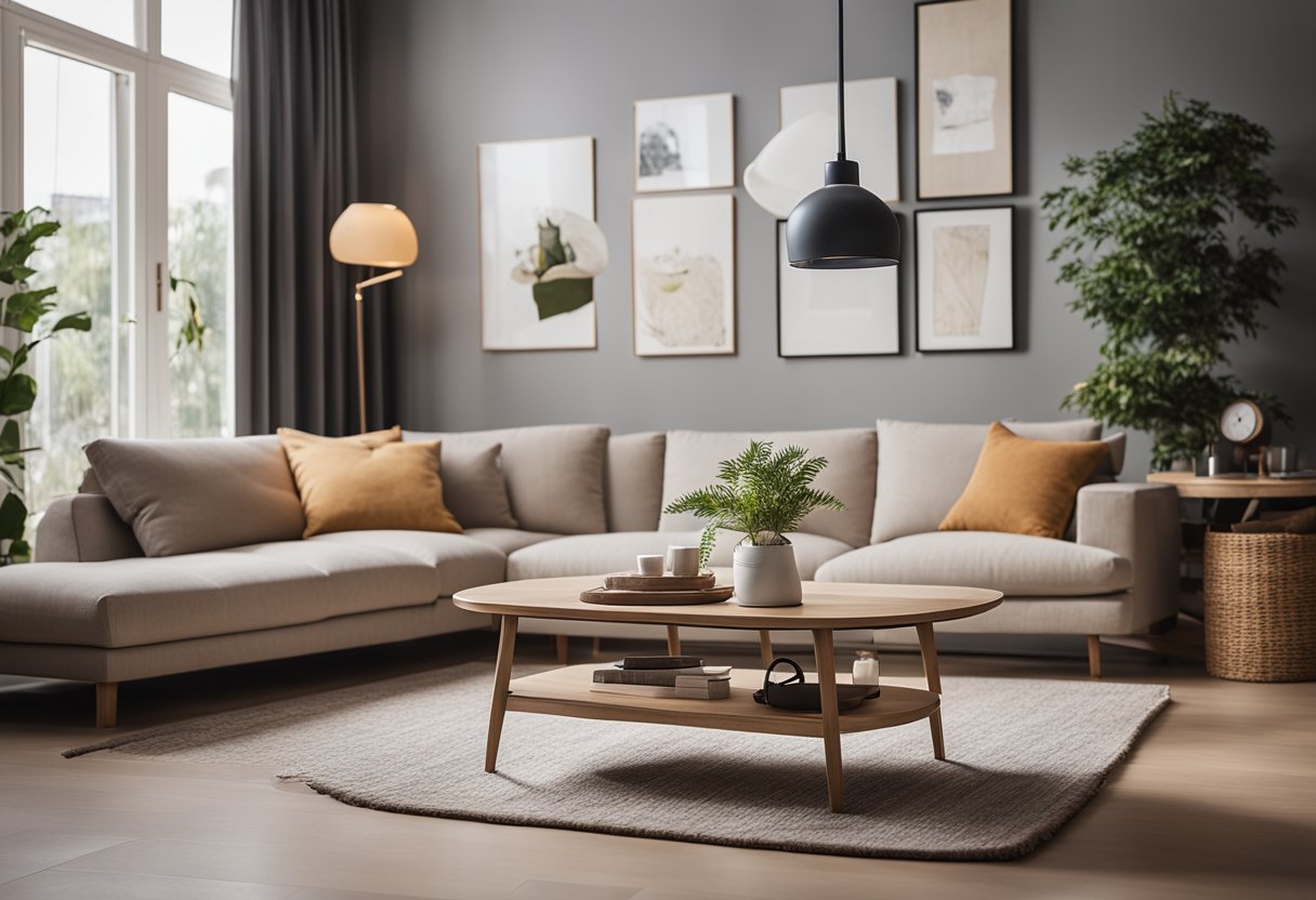 A cozy living room with a compact sofa, foldable coffee table, and adjustable floor lamp, all arranged to maximize comfort in a small space