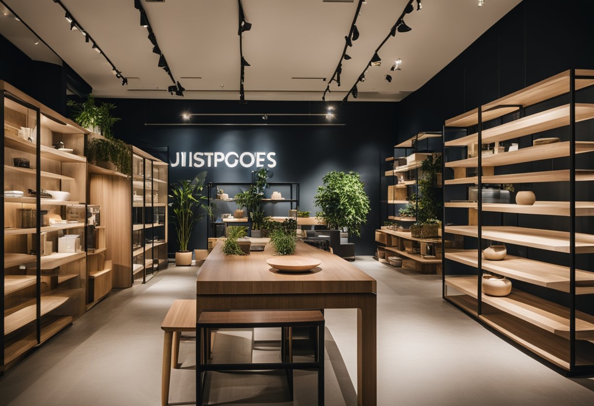 A modern furniture store in Singapore showcases sustainable pieces with clean lines and natural materials
