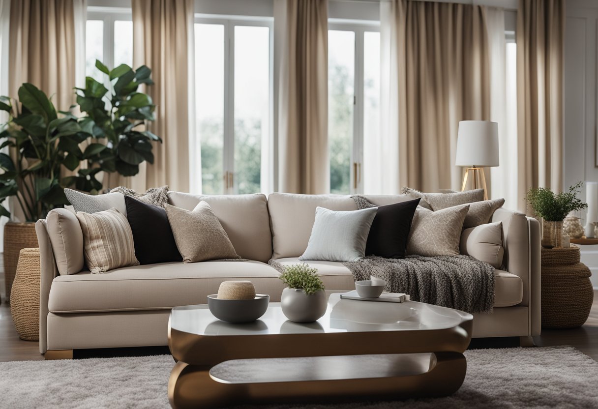 A cozy living room with a plush sofa and soft throw pillows, adorned with elegant curtains and a luxurious rug, showcasing a variety of fabric and finishes for furniture