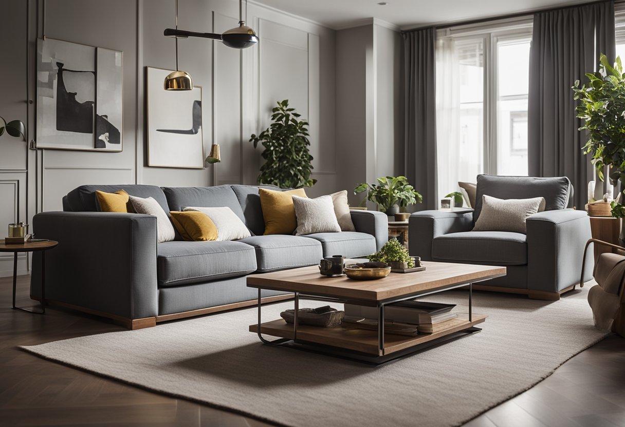 A cozy living room with custom-made furniture, featuring a plush sofa and ergonomic chairs, creating a comfortable and inviting atmosphere