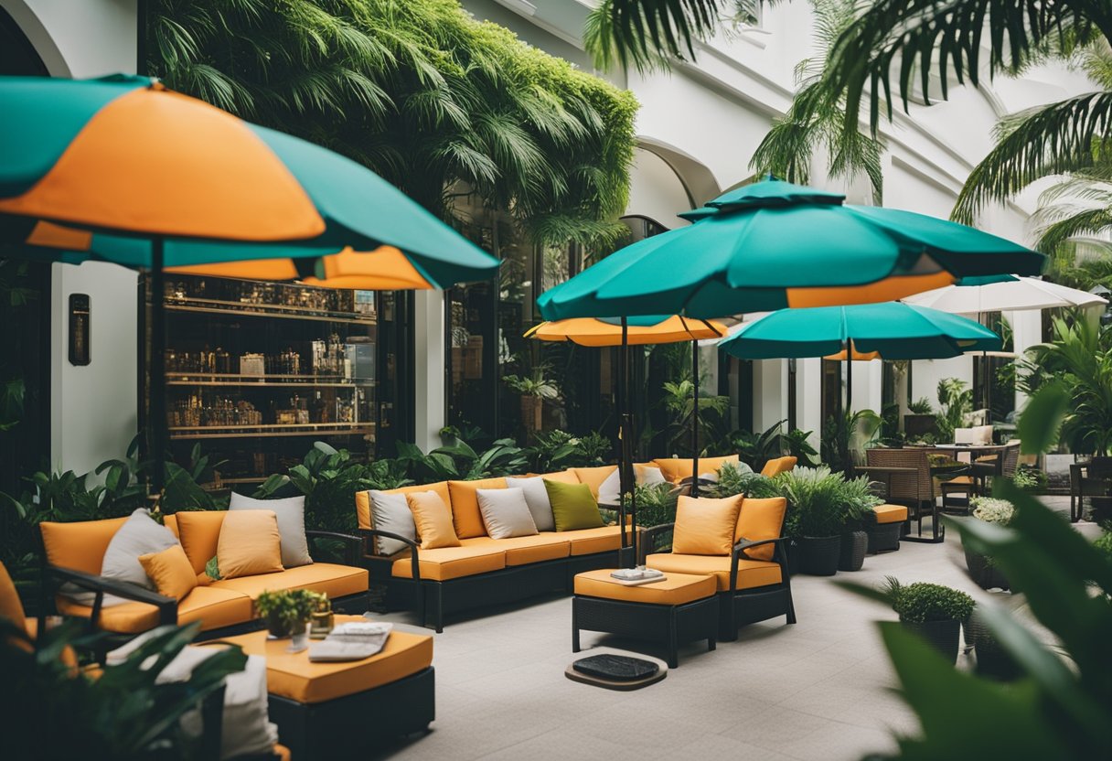 A bustling outdoor furniture store in Singapore, with colorful umbrellas, sleek lounge chairs, and lush greenery
