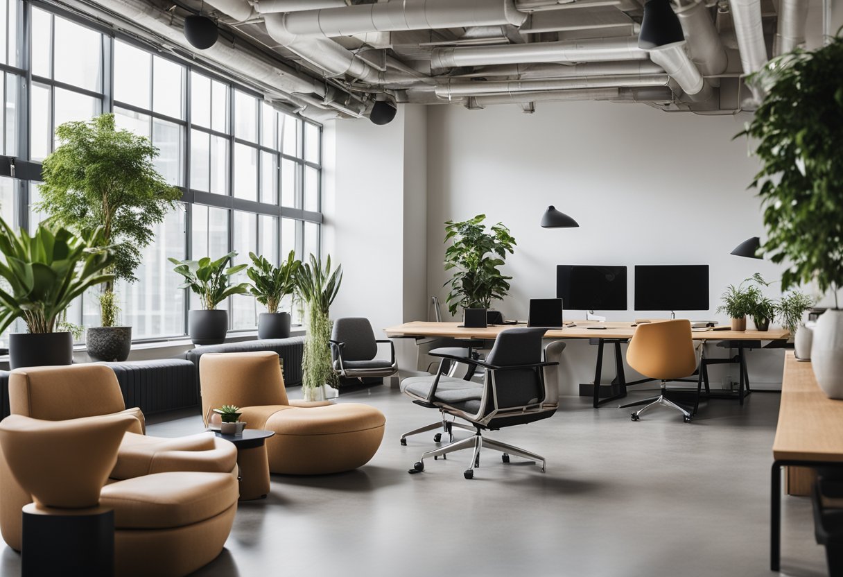 A modern office with ergonomic chairs, adjustable desks, and cozy lounge seating. Bright, natural lighting and plants add a touch of warmth to the space