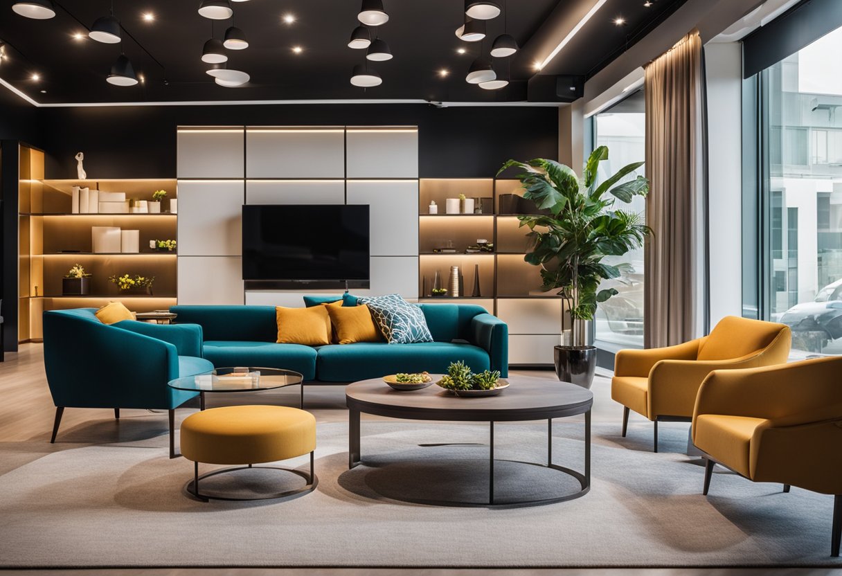 A modern furniture showroom with sleek designs and vibrant color palettes, featuring innovative space-saving solutions and luxurious materials