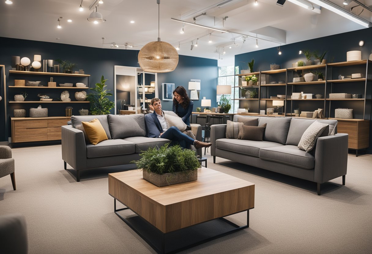 A customer browsing through a variety of furniture options in a well-lit and spacious showroom, with helpful staff providing advice and assistance