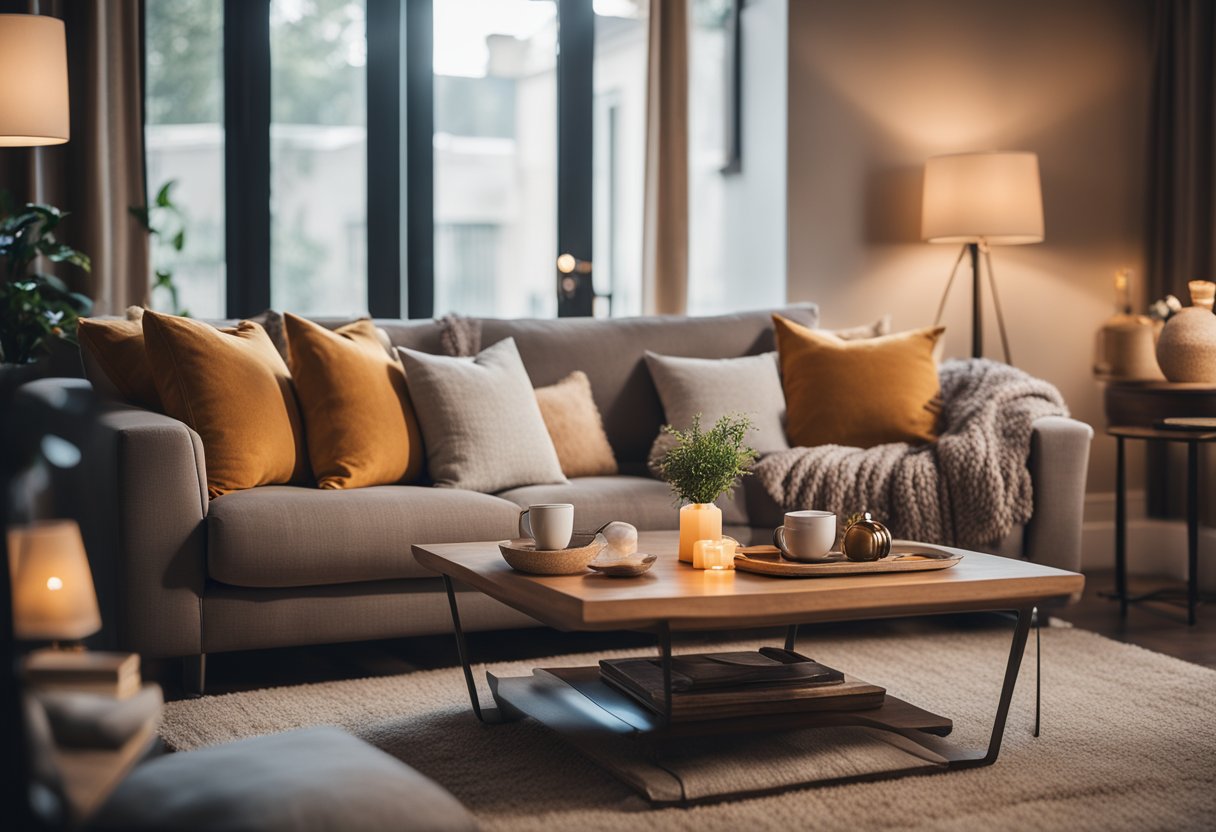 A cozy living room with a plush sofa, soft throw pillows, and a warm, inviting color scheme. A side table holds a steaming cup of tea, while soft lighting creates a relaxing ambiance