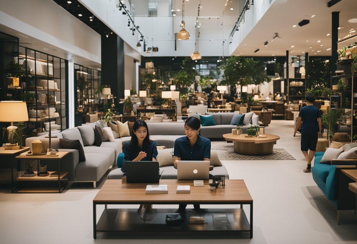 A bustling furniture store in Singapore with customers browsing, staff assisting, and a prominent "Frequently Asked Questions" section