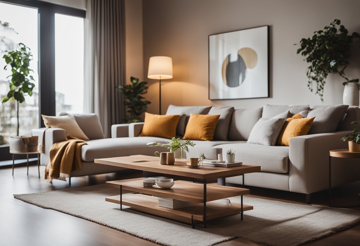 A cozy living room with modern furniture, including a comfortable sofa, stylish coffee table, and soft rugs. Bright lighting and warm colors create a welcoming atmosphere