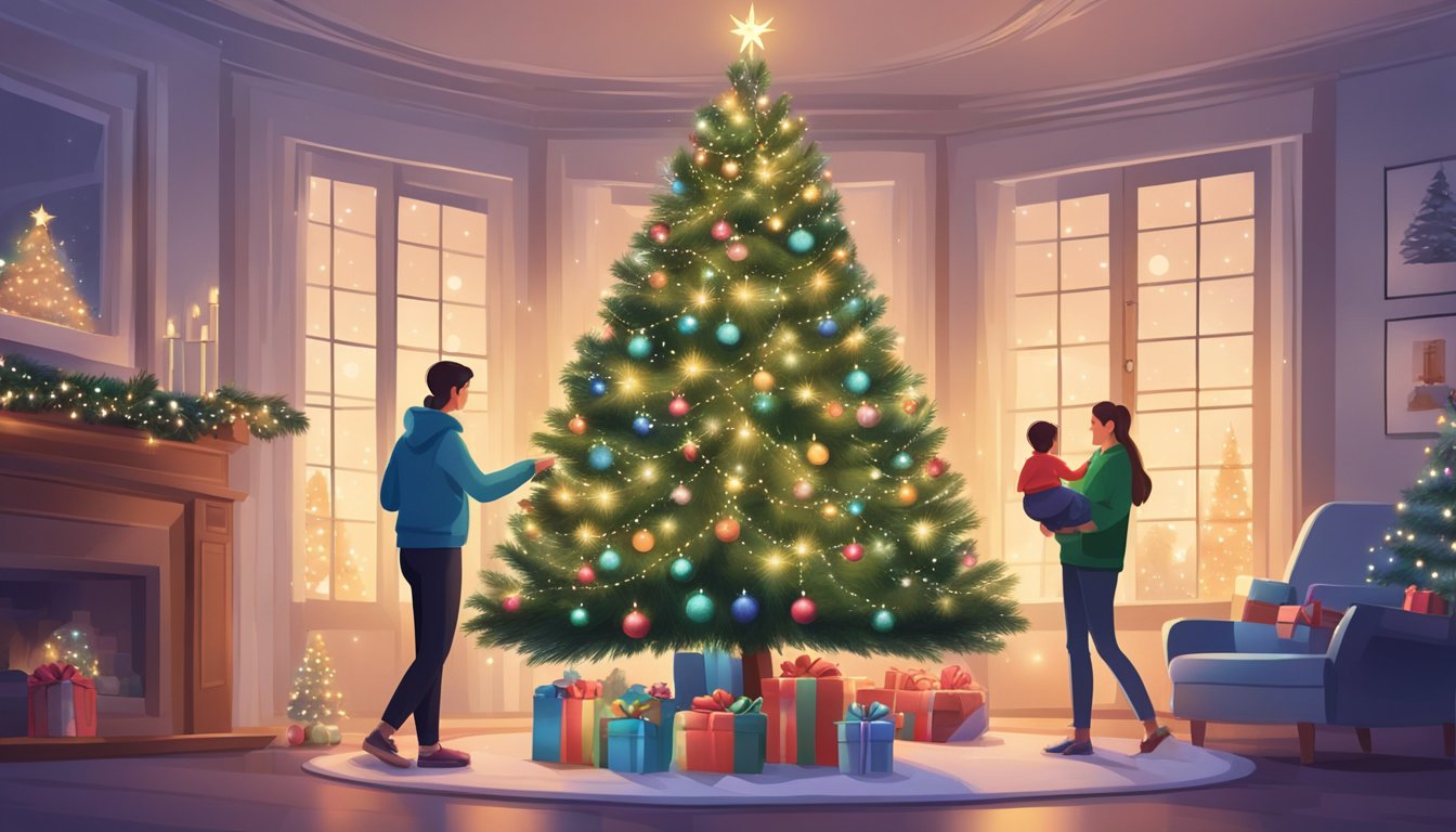 A family selects a lush, symmetrical Christmas tree from an online shop, surrounded by twinkling lights and festive decorations