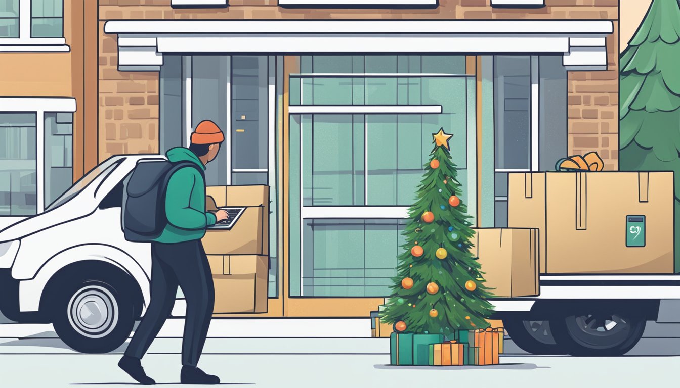A person clicks "buy now" on a laptop. A delivery truck arrives at their door with a neatly packaged Christmas tree