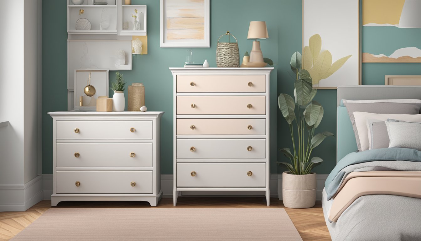 A room with a variety of chest of drawers displayed online, with different styles, sizes, and colors to choose from