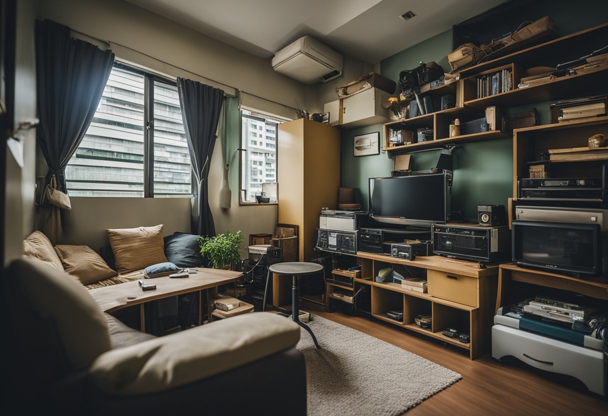 A cluttered room with mismatched, worn-out furniture in a small apartment in Singapore. The furniture looks cheap and hastily put together