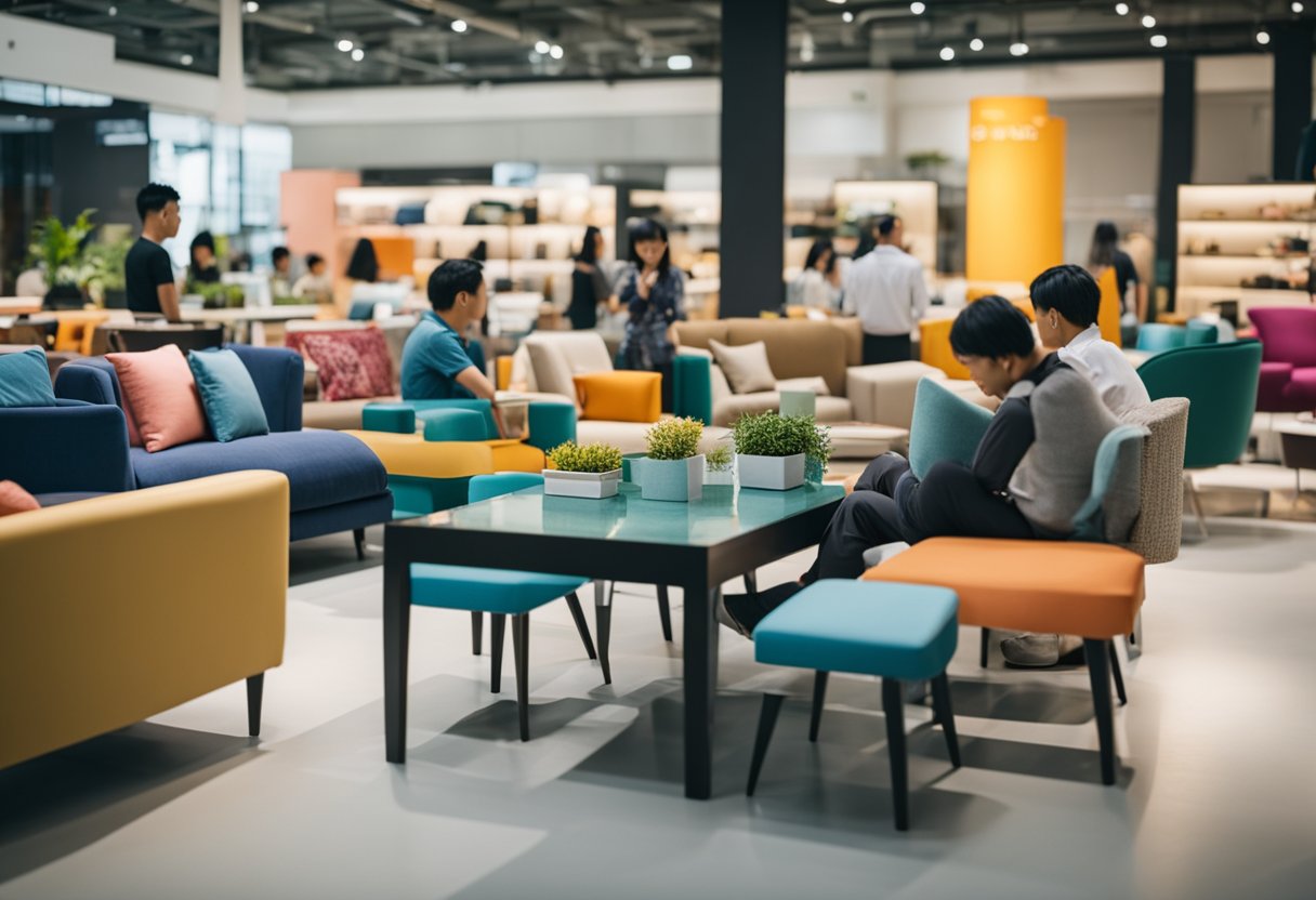 People browsing through furniture displays at a bustling furniture sale in Singapore. Brightly colored chairs, sofas, and tables catch the eye of potential buyers