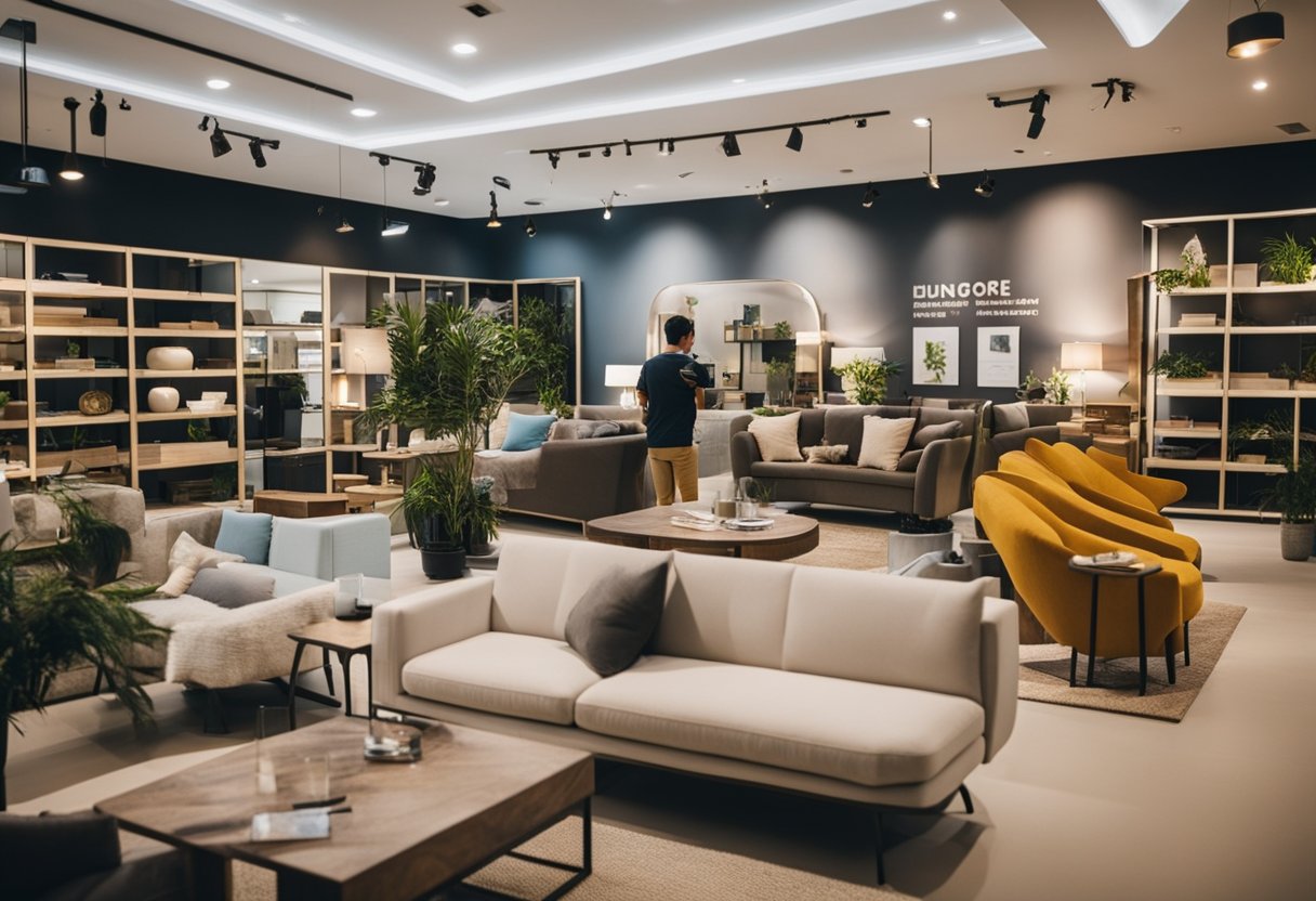 A customer browsing through various affordable furniture options in a Singapore showroom