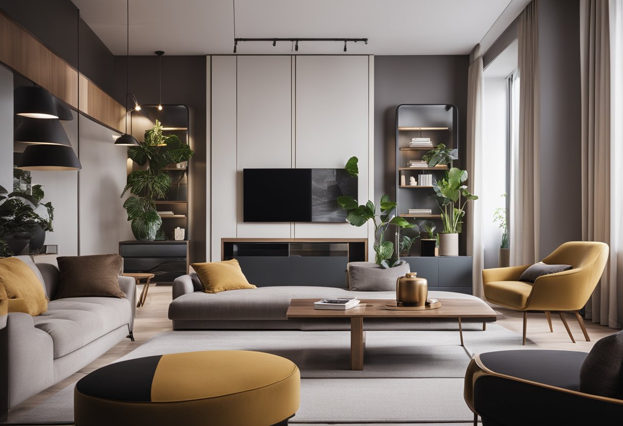 A modern living room with sleek, stylish furniture arranged in an inviting and comfortable setting. Bright lighting enhances the clean lines and elegant design