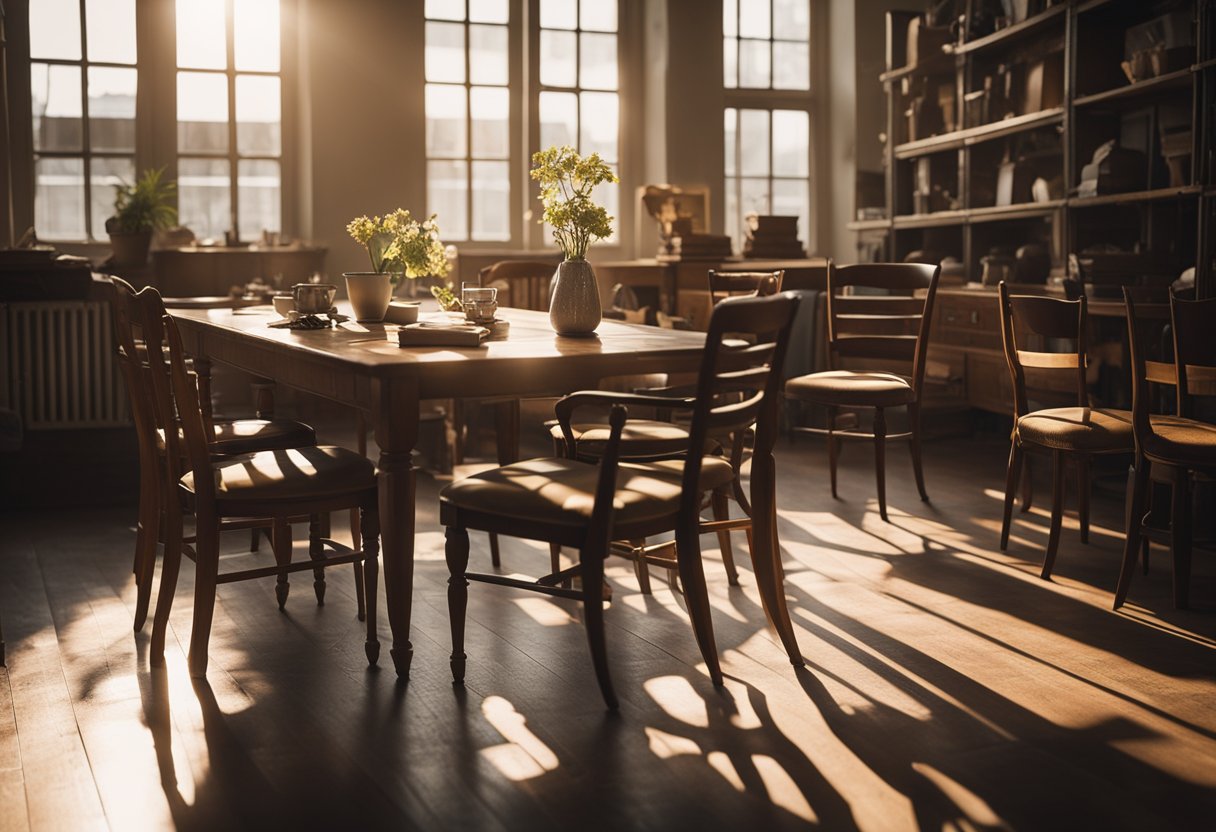 A cluttered room with vintage chairs, tables, and shelves. Sunlight streams through the window, casting warm shadows on the worn furniture
