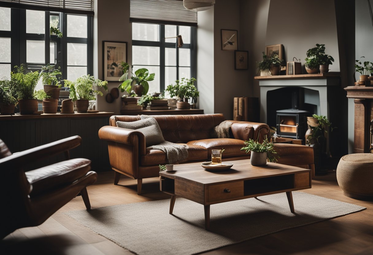 A cozy living room with a mix of vintage and modern second-hand furniture. A worn leather sofa, a rustic wooden coffee table, and a retro armchair create a unique and sustainable aesthetic