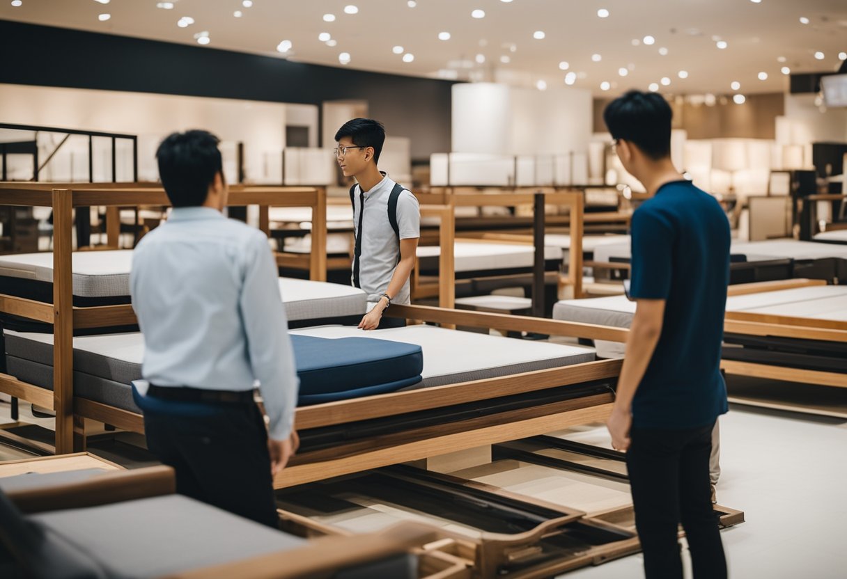 Customers examine various bed frames and dimensions at a furniture sale in Singapore