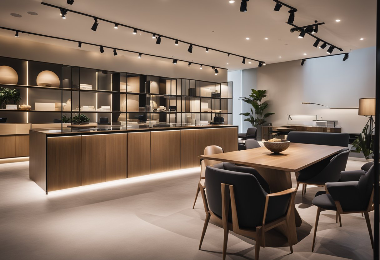 A modern furniture showroom with sleek designs, clean lines, and a minimalist aesthetic. Bright lighting and spacious displays showcase Nova Furniture Singapore's contemporary pieces
