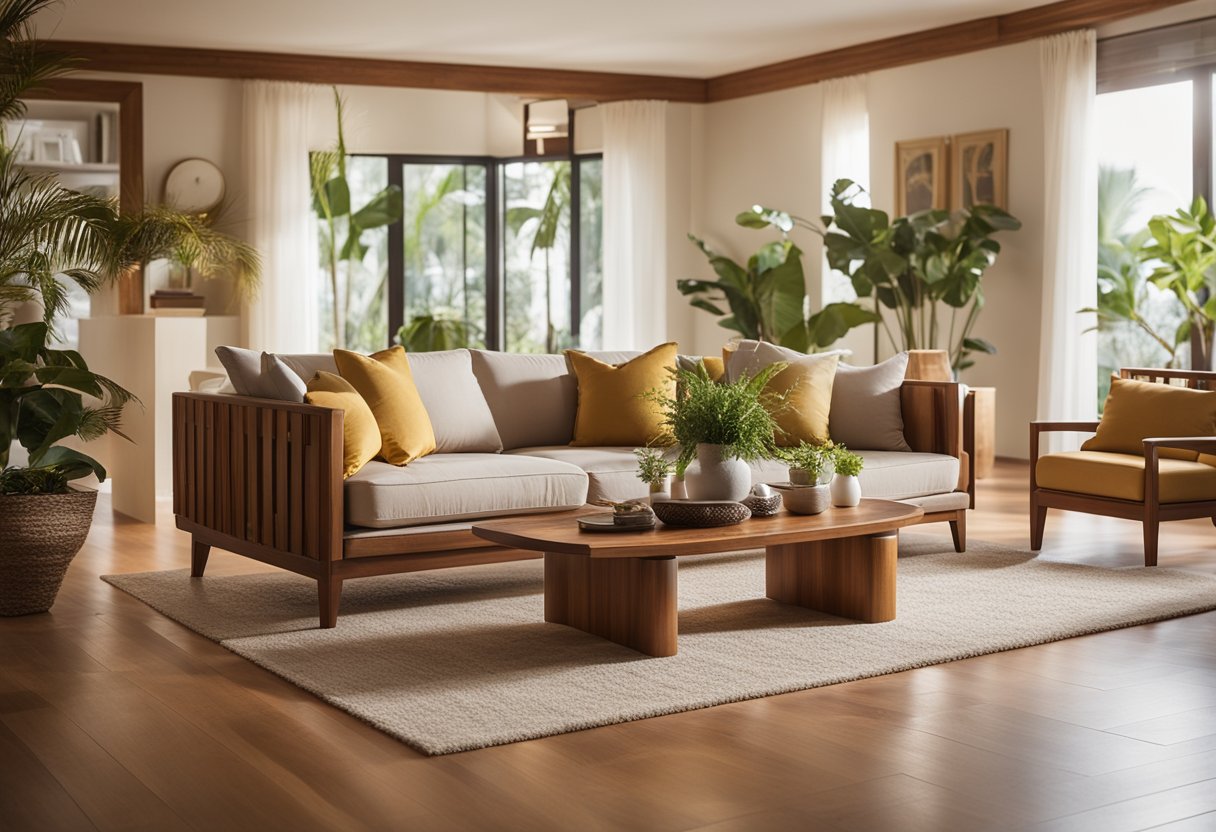 A spacious, sunlit living room adorned with rich, golden teak furniture. The warm, natural wood tones exude an inviting and luxurious ambiance