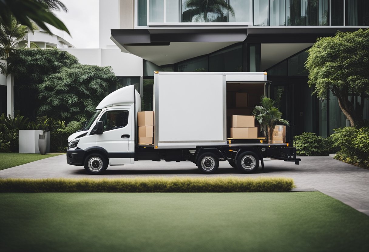 A delivery truck unloading furniture in front of a modern home with a seamless shopping experience in Singapore