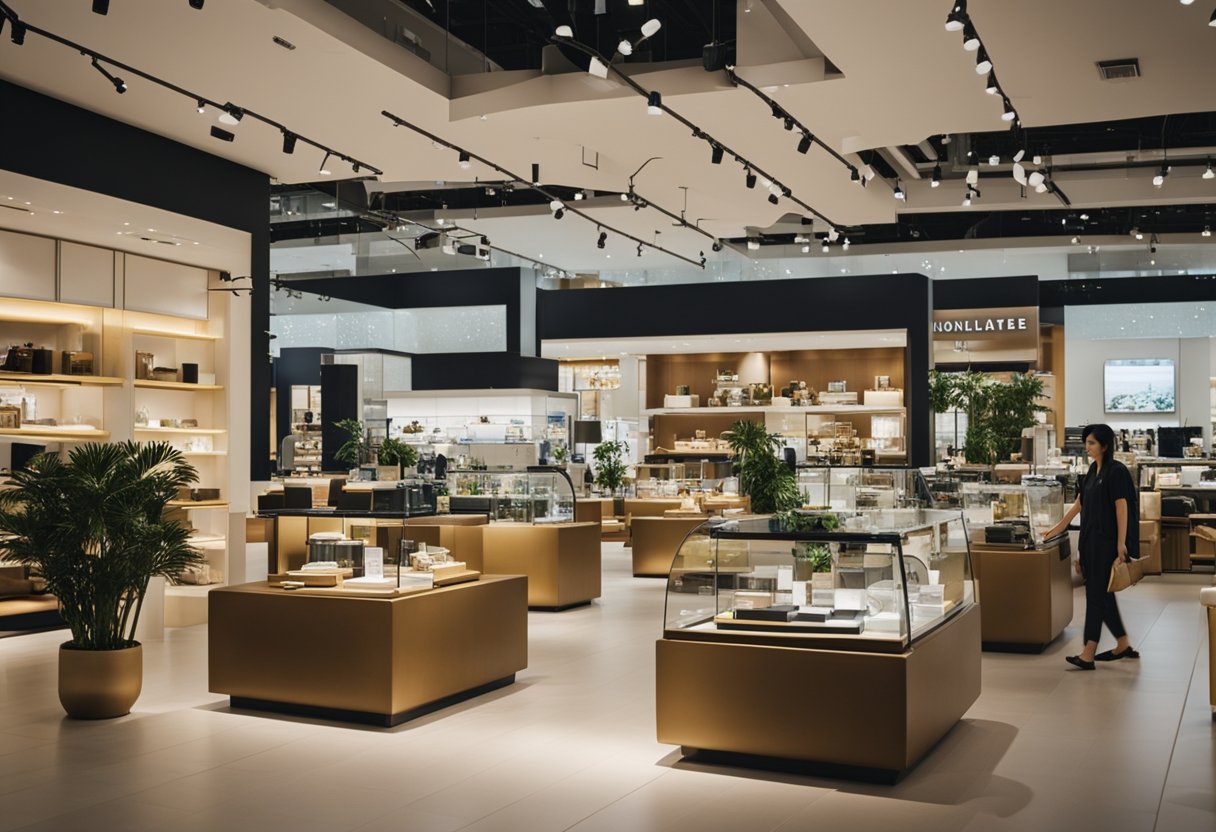 A bustling furniture mall in Singapore, filled with modern and traditional pieces. Bright lights illuminate the spacious showroom, while customers browse and interact with the various furniture displays