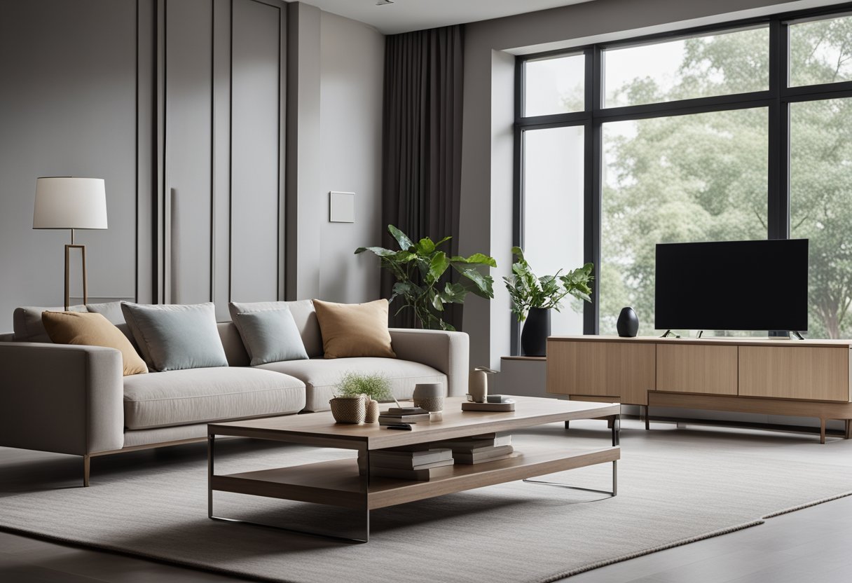A modern living room with sleek, minimalist furniture from Our Furniture Collections in Singapore. Clean lines, neutral colors, and a cozy atmosphere