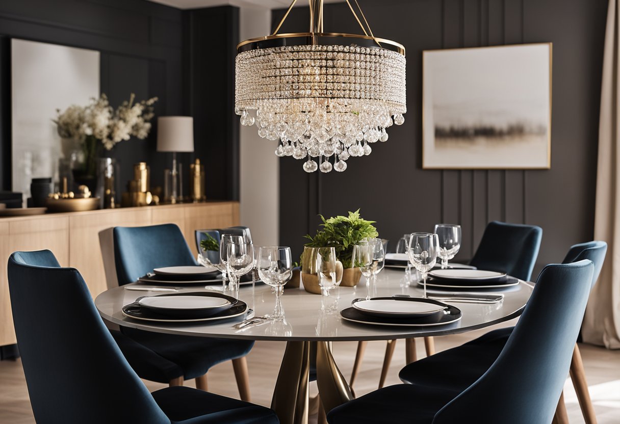 A modern dining room with a sleek table and chairs, adorned with contemporary decor and a stylish chandelier. The room is bathed in warm, inviting light, creating a cozy and elegant atmosphere