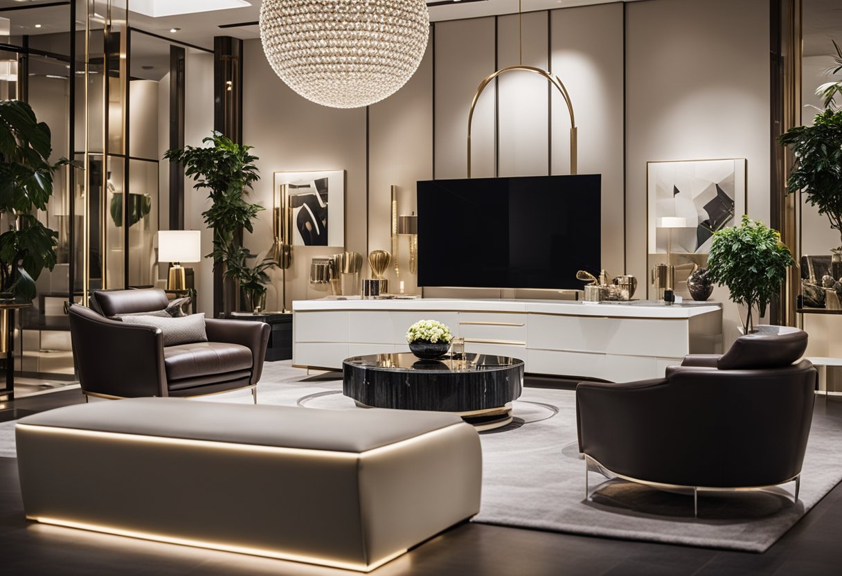 A luxurious showroom displays sleek furniture with "Exclusive Offers and Promotions" signs. Bright lighting highlights the modern designs