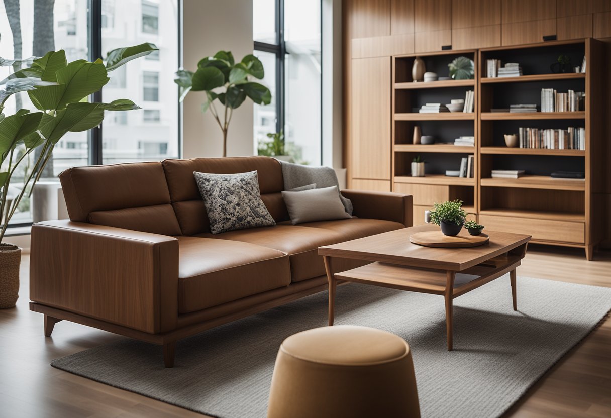 A modern living room with teak furniture, including a sleek teak coffee table, a teak wood sofa, and a teak wood bookshelf. The room is filled with natural light, and the furniture complements the minimalist design of the space