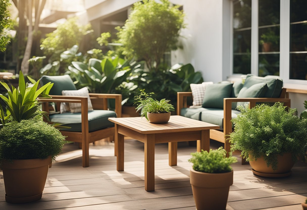 A sunny outdoor patio with teak furniture, including a table, chairs, and a lounge chair, surrounded by lush greenery and potted plants