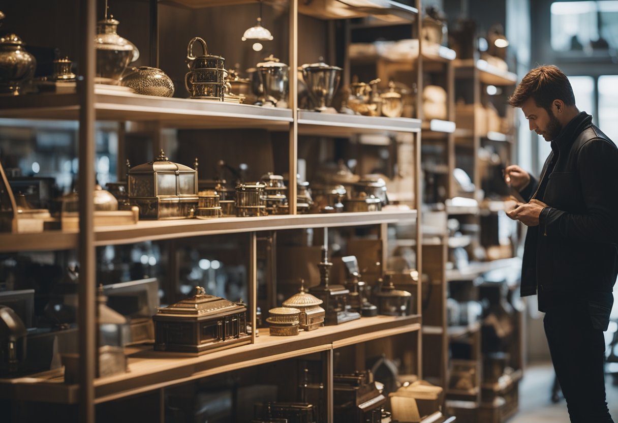 A customer browsing through a variety of second-hand furniture items in a well-lit and organized store, carefully inspecting each piece for quality and value