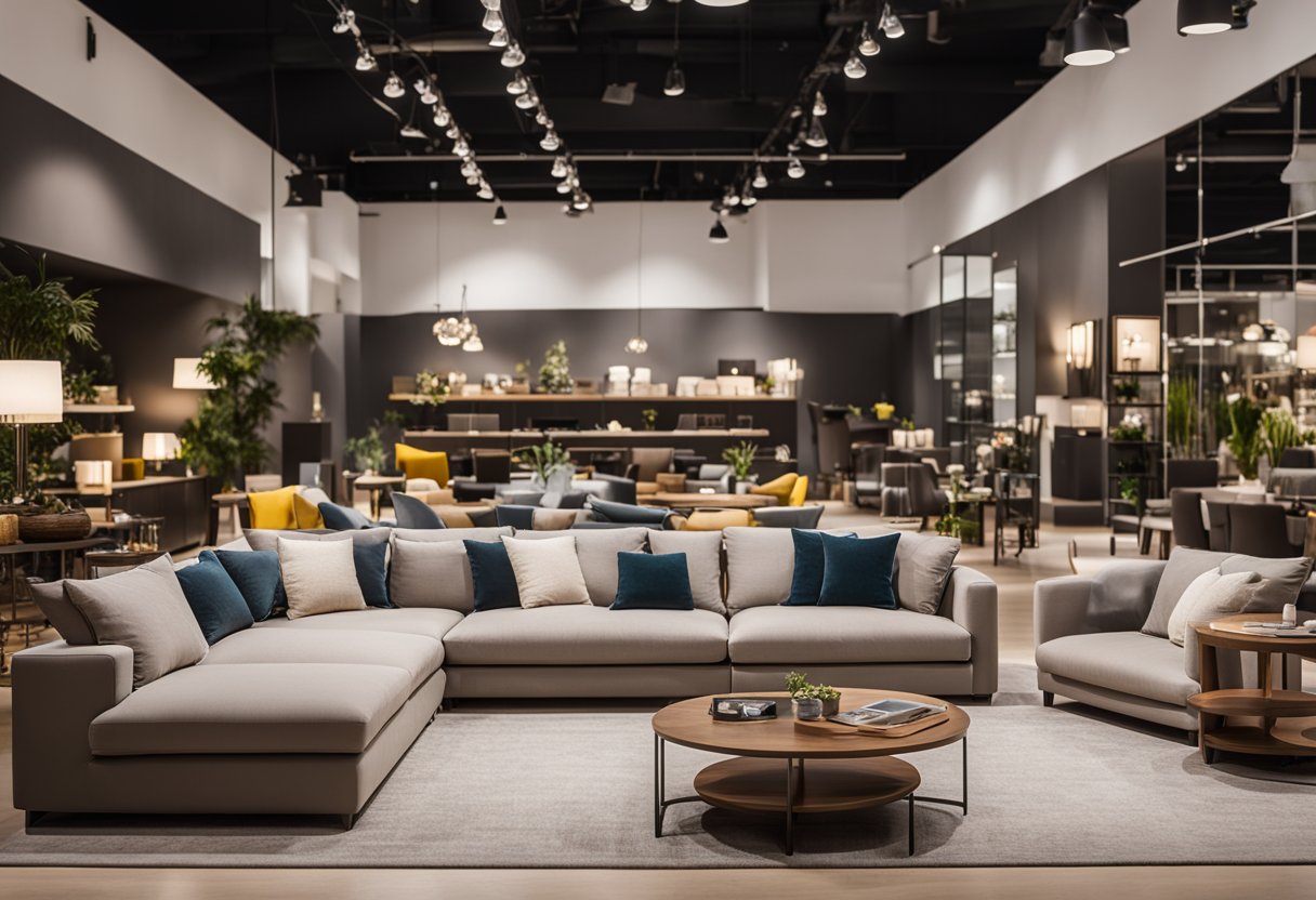 A spacious furniture showroom with various customisation options and modern designs. Displays of sofas, tables, and chairs in a well-lit setting
