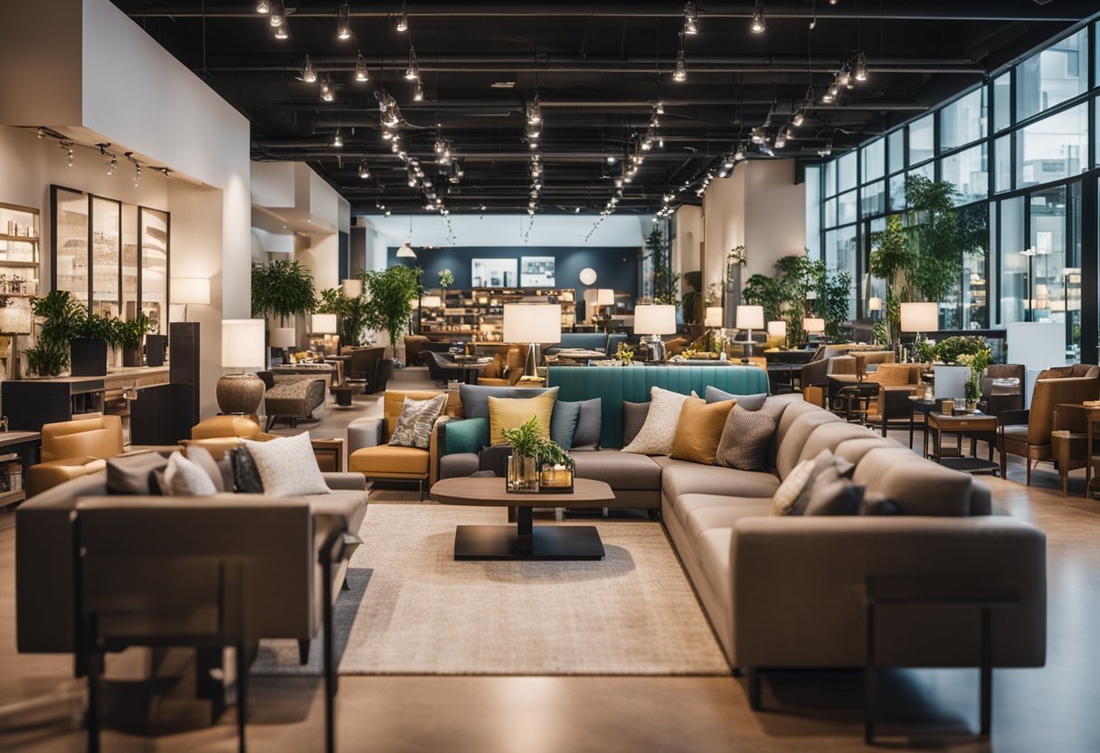 A bustling furniture store with modern displays and friendly staff. Bright lighting and stylish decor create an inviting atmosphere