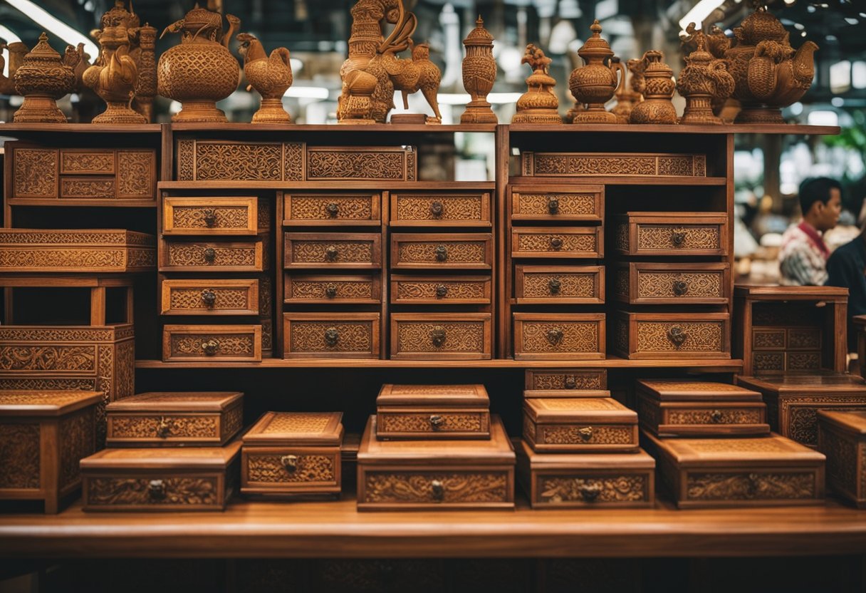 A bustling Singapore market showcases teak furniture, with vibrant colors and intricate designs on display