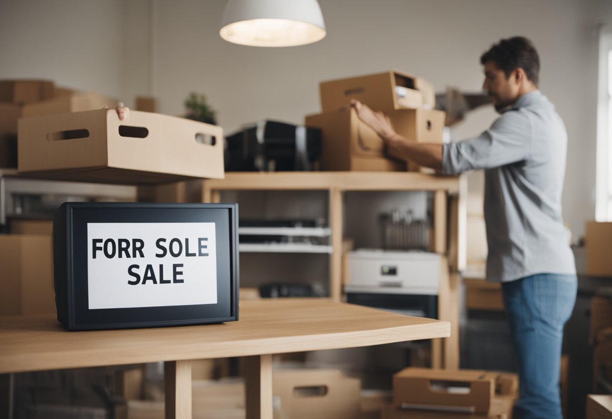 A person placing a "For Sale" sign on a variety of second-hand furniture items in a well-lit room