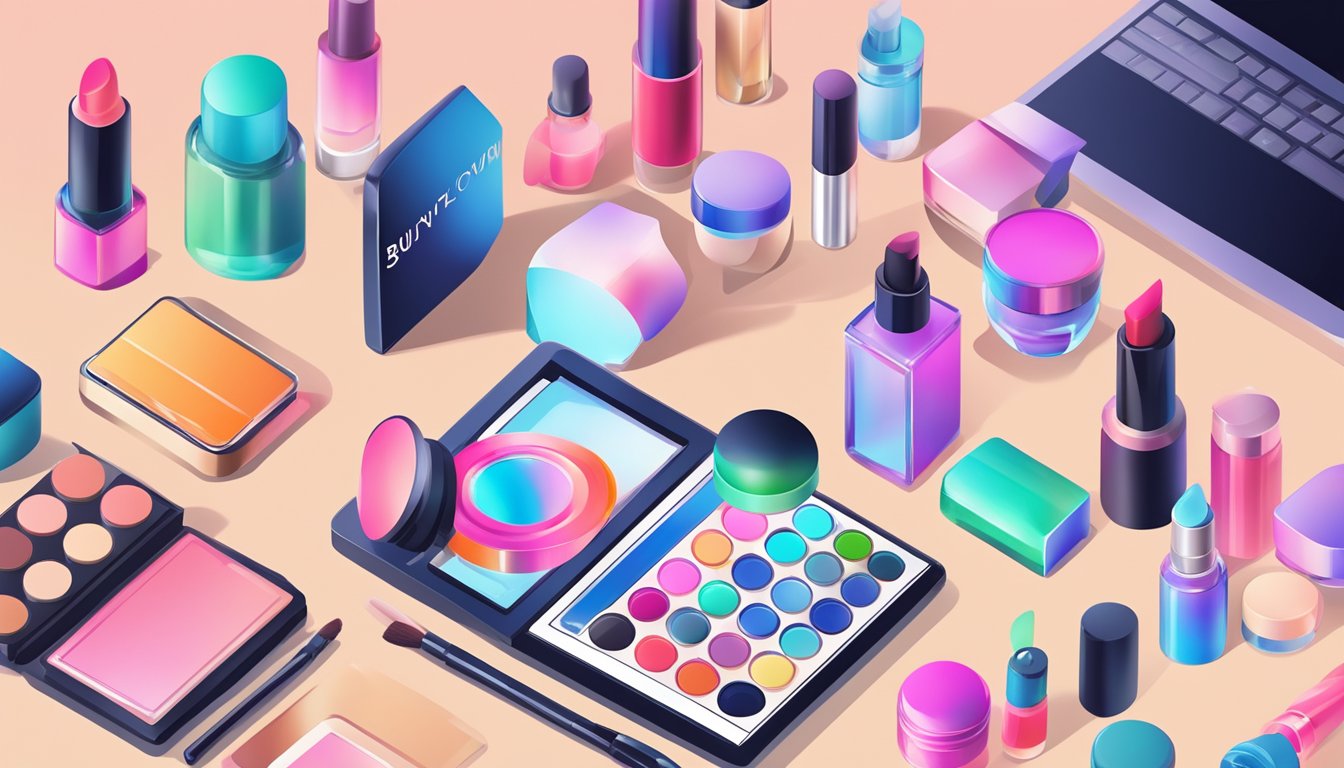 A computer screen displaying a variety of colorful and affordable makeup products, with a cursor hovering over the "buy now" button