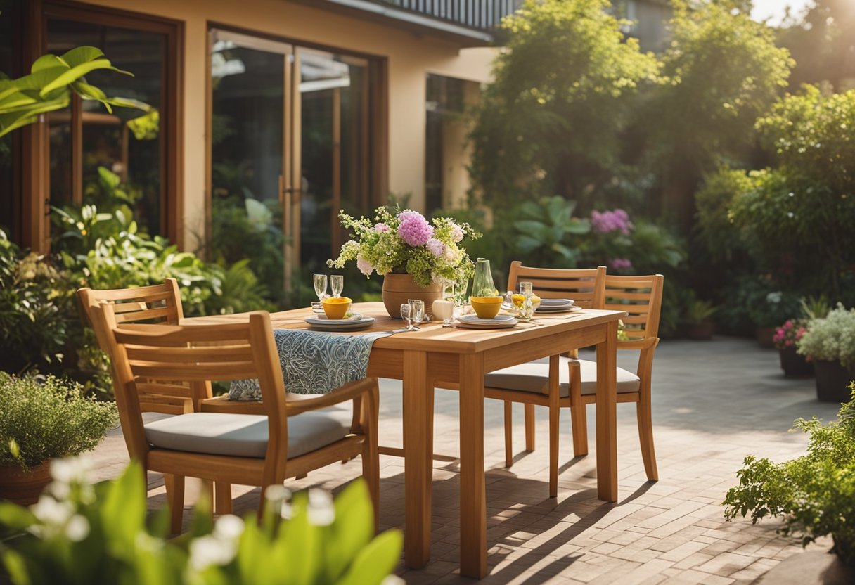 A sunny patio with a teak dining set, surrounded by lush greenery and colorful flowers. The furniture is clean and well-maintained, with a warm, inviting glow