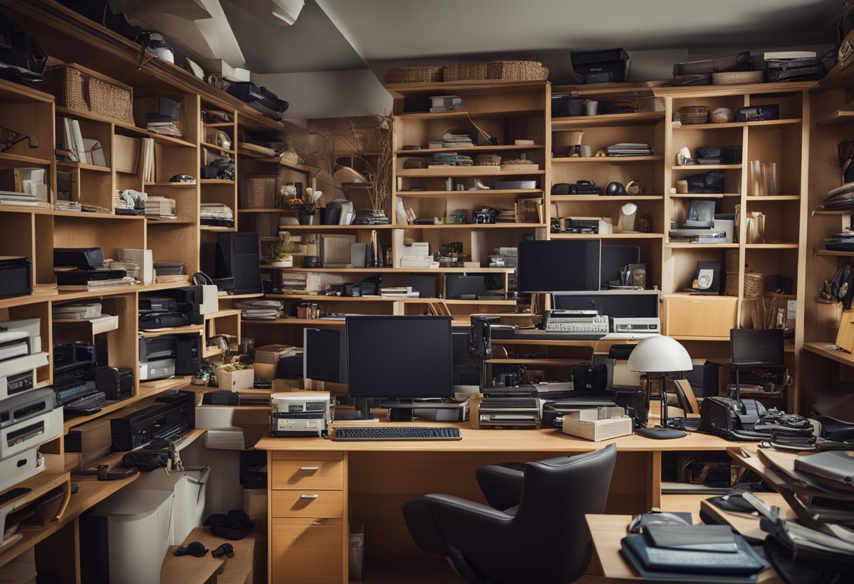 A cluttered room with various second-hand furniture pieces, including desks, chairs, and shelves, arranged to accommodate specific needs