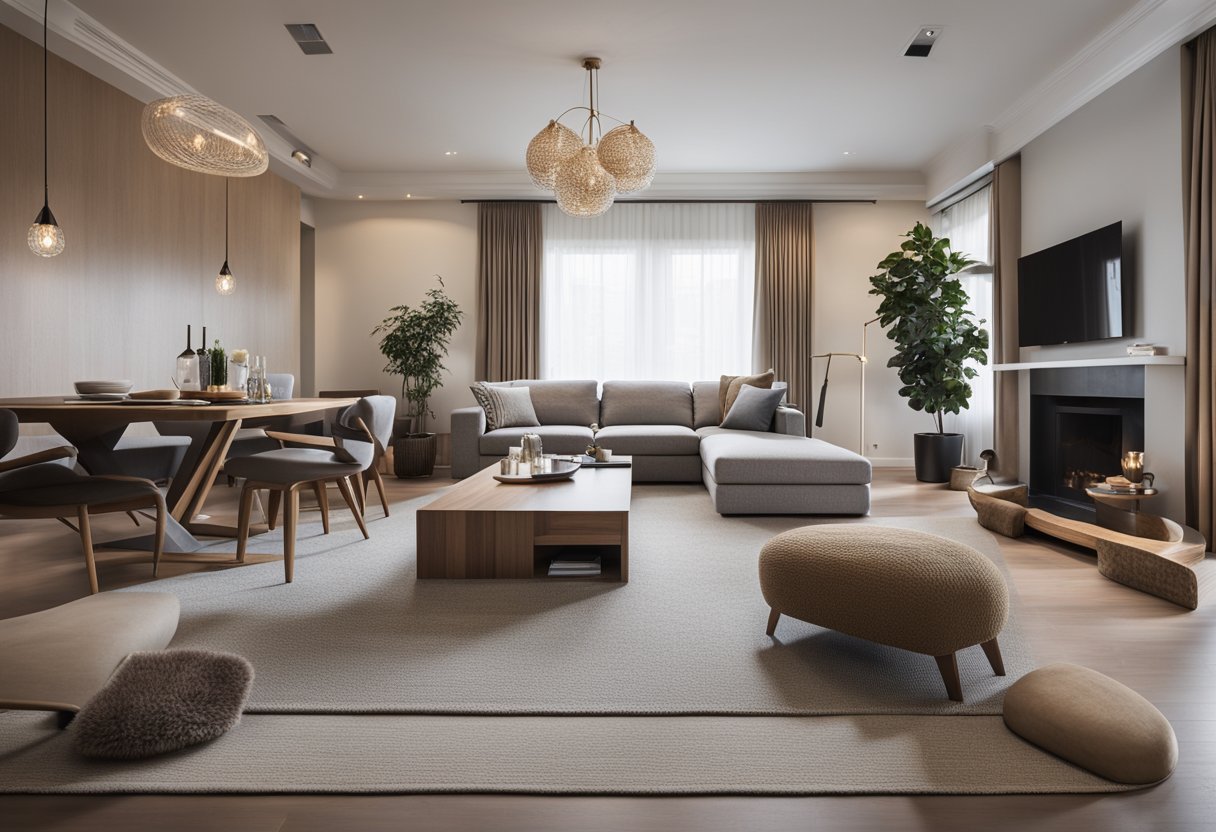 A living room with a plush sofa, coffee table, and cozy rug. A dining room with a large wooden table, chairs, and a chandelier. A bedroom with a comfortable bed, bedside tables, and soft lighting