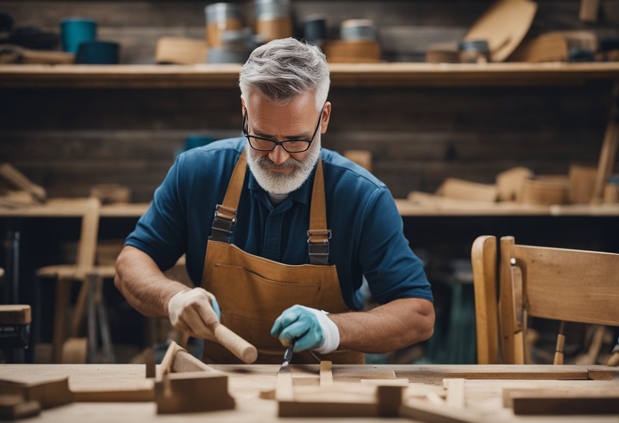 A carpenter refurbishes old chairs in a workshop, sanding and painting them in vibrant colors. Pieces of fabric and tools are scattered around the room