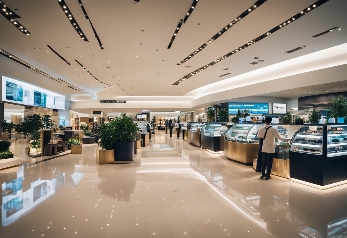 A spacious and modern furniture mall in Singapore, with sleek displays and friendly customer service representatives assisting shoppers