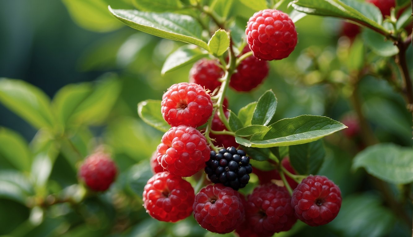 A vibrant edible shrub, bursting with colorful berries and lush green leaves, radiates health and nutritional value