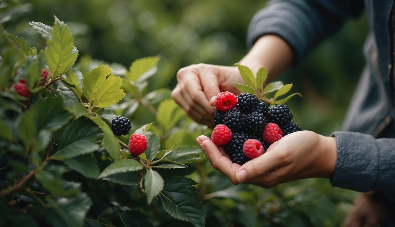 A person harvesting berries from a lush, wild edible shrub, carefully preserving the plant's natural habitat
