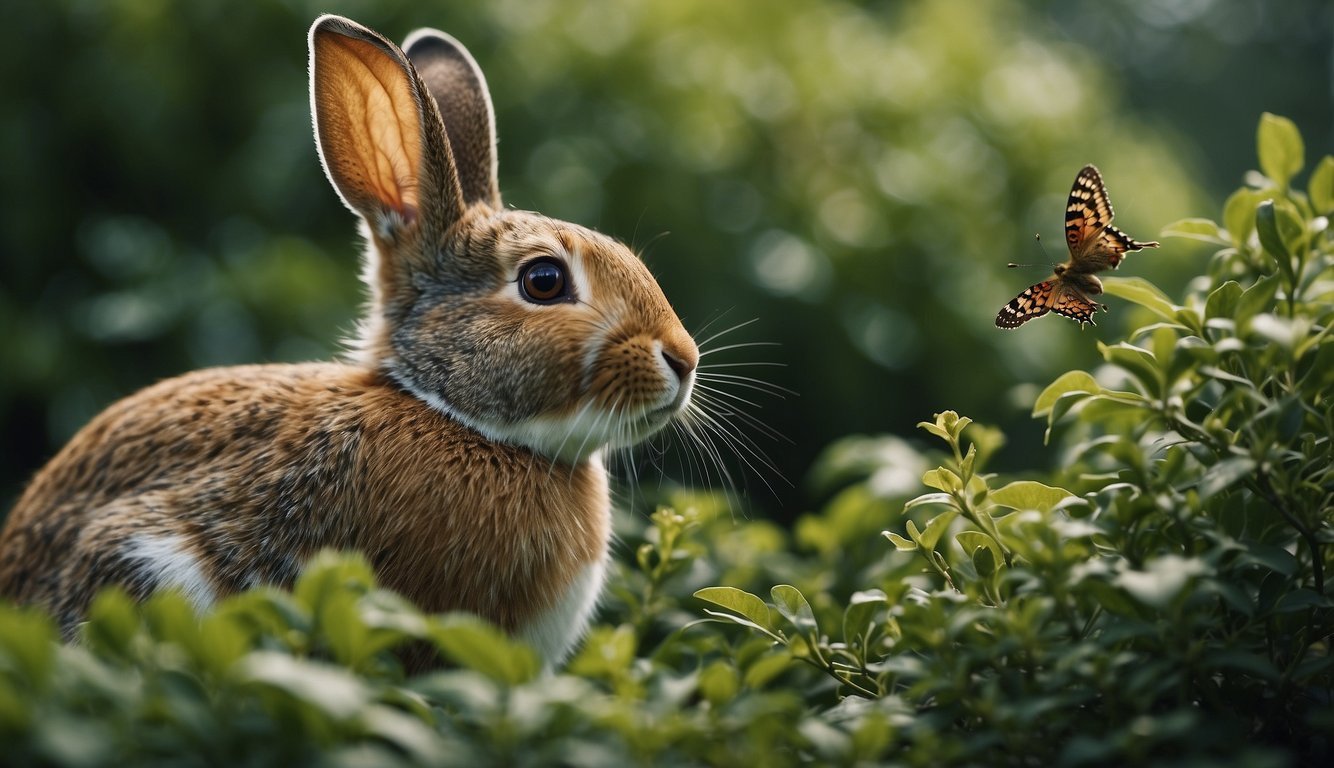 A rabbit nibbles on a green shrub while a bird perches nearby, eyeing the same plant. The shrub is surrounded by various insects and small animals, creating a lively scene of wildlife interactions