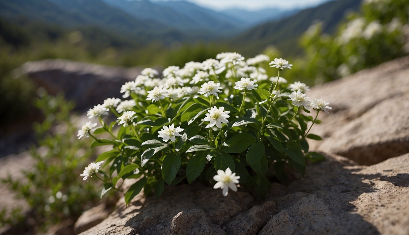 A small, resilient shrub grows amidst rocky terrain. Its vibrant green leaves and delicate white flowers contrast the harsh environment, showcasing nature's ability to adapt and thrive in challenging conditions