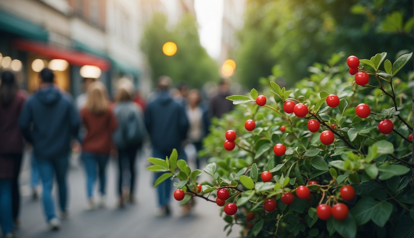 A small, green shrub with vibrant, edible berries surrounded by curious onlookers