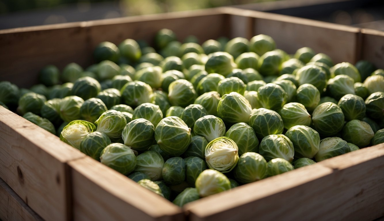 Brussel sprouts being harvested and stored in a wooden crate
