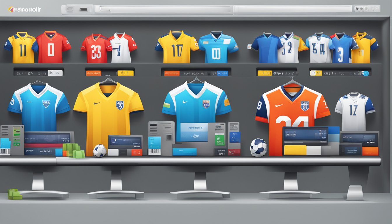 A computer screen displaying a variety of football jerseys with price tags, a "buy now" button, and a secure payment icon