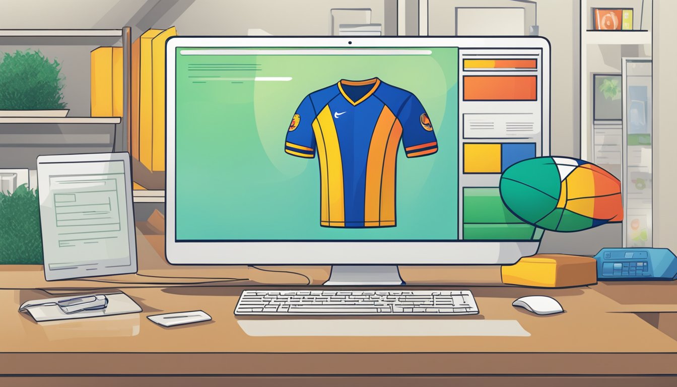 A computer with a web browser open to a website selling cheap football jerseys. A price tag showing a low cost